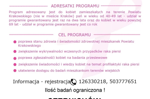 Czernichów, „Wczesne wykrywanie raka sutka – mammografia”, 18 sierpnia, rejestracja pod numerami telefonów: 12 633 02 18 i 503 777 651